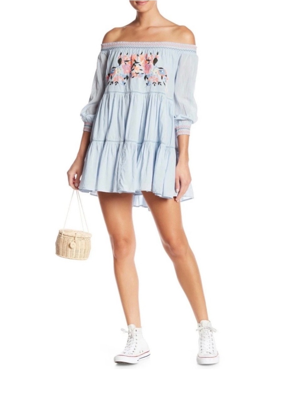 Free people sunbeam dress with off the shoulder smocked neckline & embroidered S